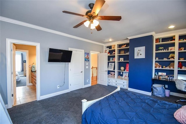 bedroom featuring ornamental molding, carpet, ceiling fan, and baseboards