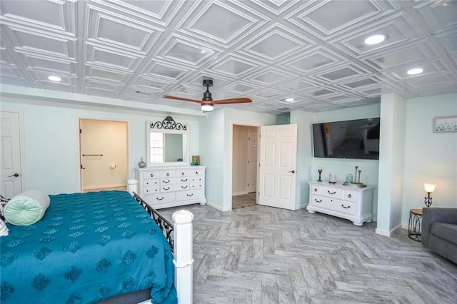 bedroom featuring recessed lighting, an ornate ceiling, and baseboards