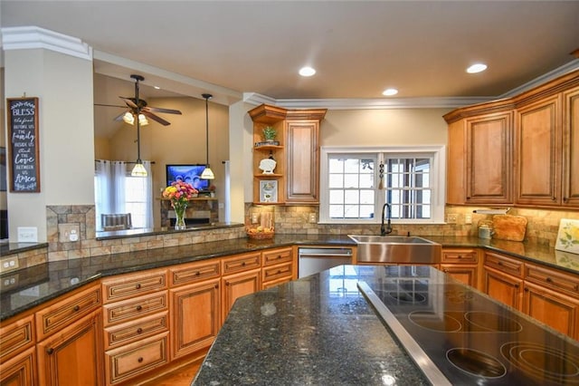 kitchen featuring decorative backsplash, brown cabinetry, a sink, dishwasher, and black electric cooktop