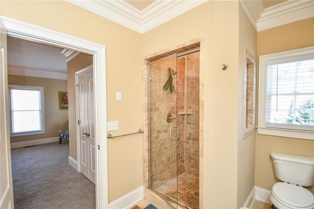 full bathroom featuring ornamental molding, a stall shower, and a wealth of natural light