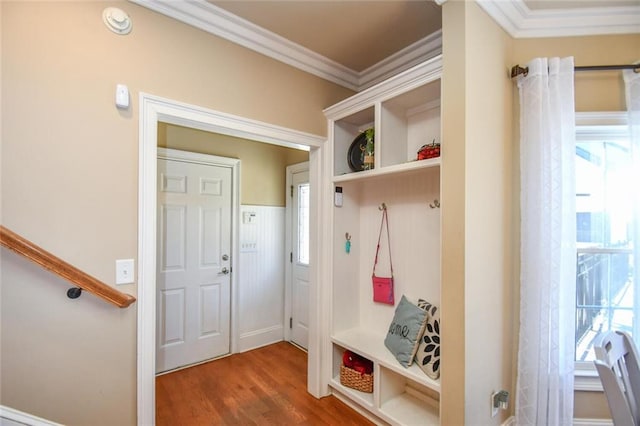 mudroom featuring crown molding and wood finished floors