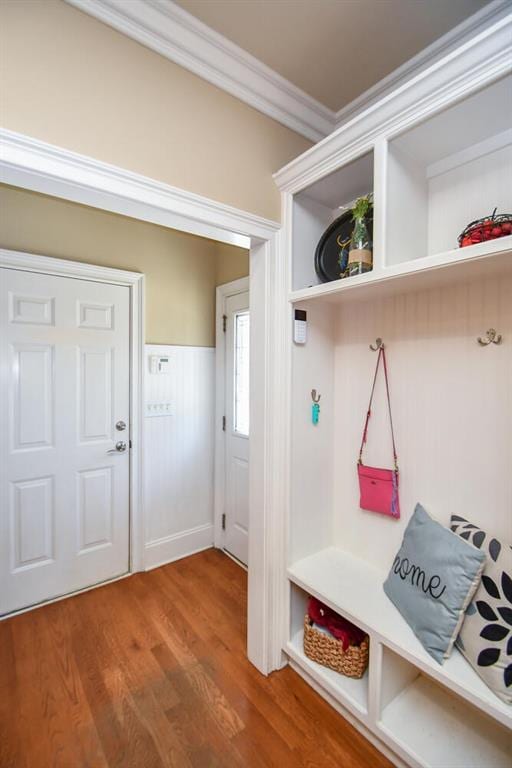 mudroom featuring ornamental molding and wood finished floors