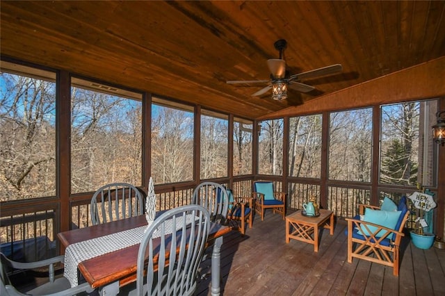 sunroom / solarium with lofted ceiling, wood ceiling, and ceiling fan