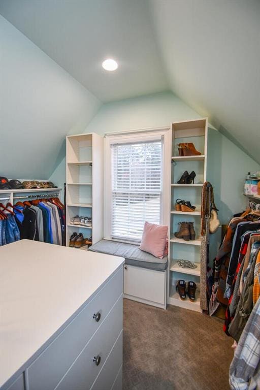 spacious closet featuring vaulted ceiling and carpet flooring