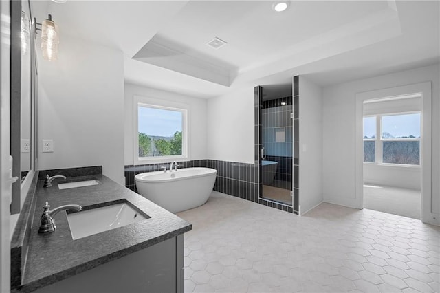 bathroom featuring a raised ceiling, double vanity, a soaking tub, a stall shower, and a wainscoted wall