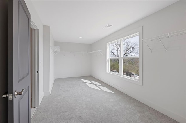 spacious closet with light carpet
