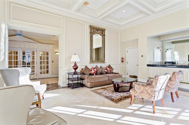 199 14th St NE Unit 710, Atlanta, GA 30309 - living area featuring a decorative wall, beam ceiling, crown molding, and french doors