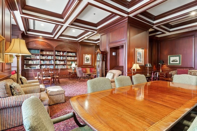 199 14th St NE Unit 710, Atlanta, GA 30309 - carpeted dining room featuring crown molding, coffered ceiling, built in features, beam ceiling, and a decorative wall