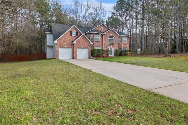 view of front facade with concrete driveway, brick siding, and a front yard