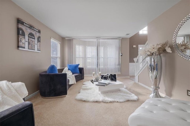 living area featuring baseboards and carpet floors