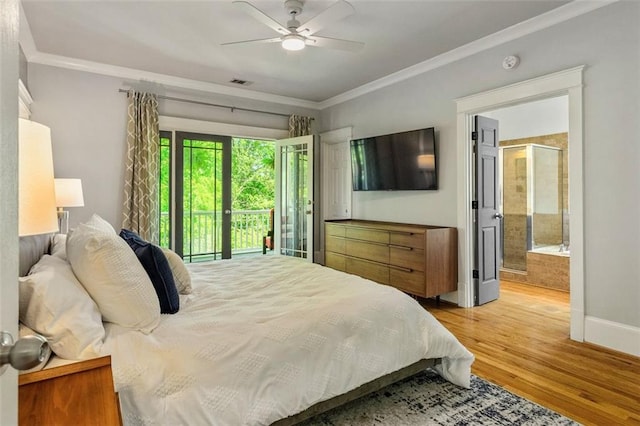 891 Paoli Ave SE, Atlanta, GA 30316 - bedroom featuring access to outside, light wood finished floors, ornamental molding, ensuite bathroom, and a ceiling fan