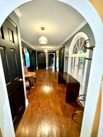 corridor featuring hardwood / wood-style flooring, ornamental molding, and a wealth of natural light