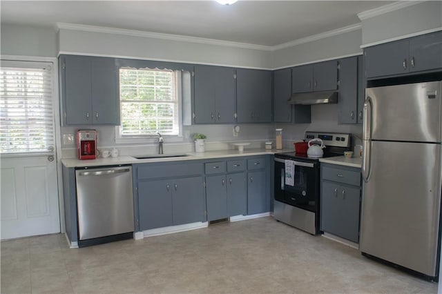 kitchen featuring plenty of natural light, ornamental molding, appliances with stainless steel finishes, and sink