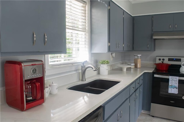 kitchen featuring stainless steel range with electric cooktop, dishwashing machine, and sink