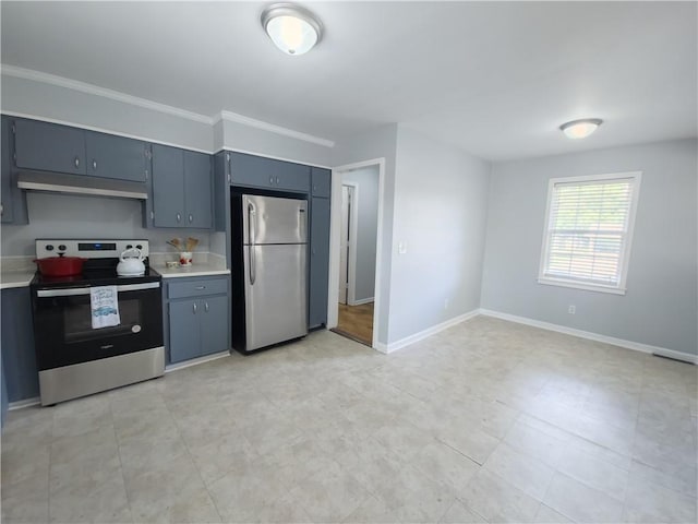 kitchen with appliances with stainless steel finishes, crown molding, and blue cabinets