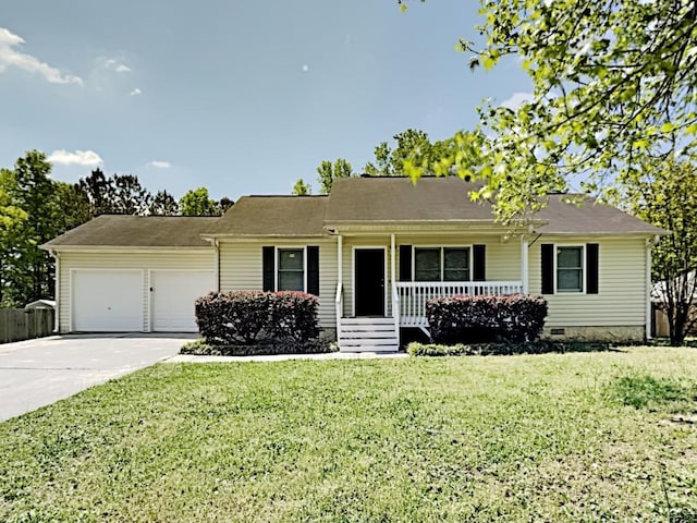 365 Wesley Mill Pl, Villa Rica, GA 30180 - ranch-style house with covered porch, an attached garage, driveway, a front yard, and crawl space