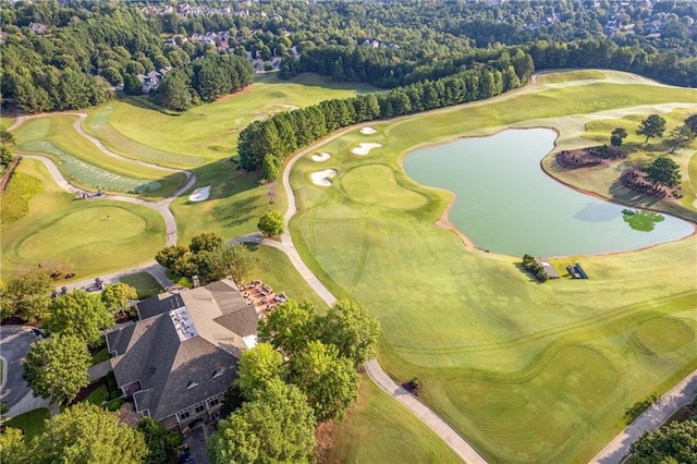 drone / aerial view featuring a water view and golf course view