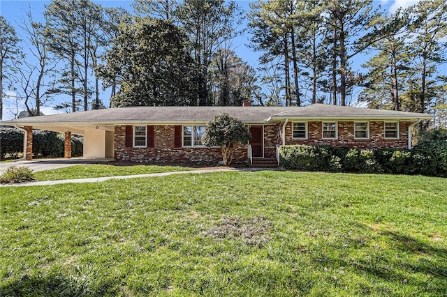 ranch-style house with driveway, a front lawn, a carport, and brick siding