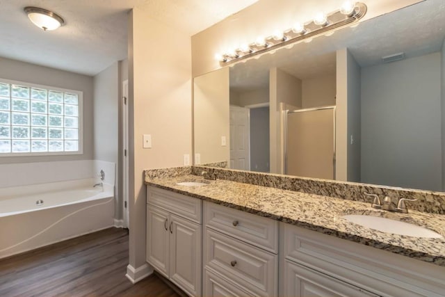 210 Riveredge Way, Mcdonough, GA 30252 - bathroom featuring wood finished floors, double vanity, a shower stall, a garden tub, and baseboards
