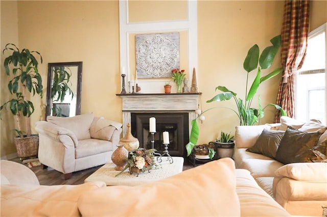 living area featuring a healthy amount of sunlight, a fireplace, and wood finished floors