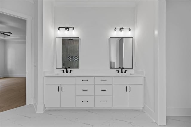 6120 Hutchins Dr, Buford, GA 30518 - full bath featuring marble finish floors, double vanity, a walk in shower, and baseboards