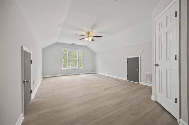 6329 Edgewater Cv, Fairburn, GA 30213 - bonus room with light wood-type flooring, a ceiling fan, vaulted ceiling, visible vents, and baseboards