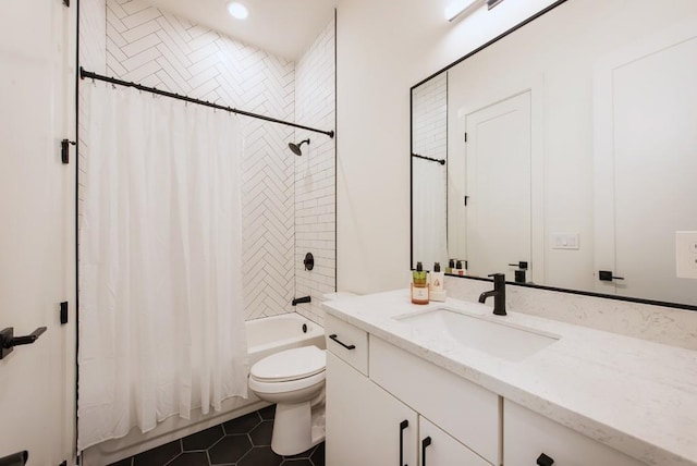 417 E College Ave Unit 102, Decatur, GA 30030 - bathroom with shower / bath combination with curtain, toilet, tile patterned floors, and vanity