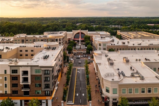 aerial view at dusk of a wooded view