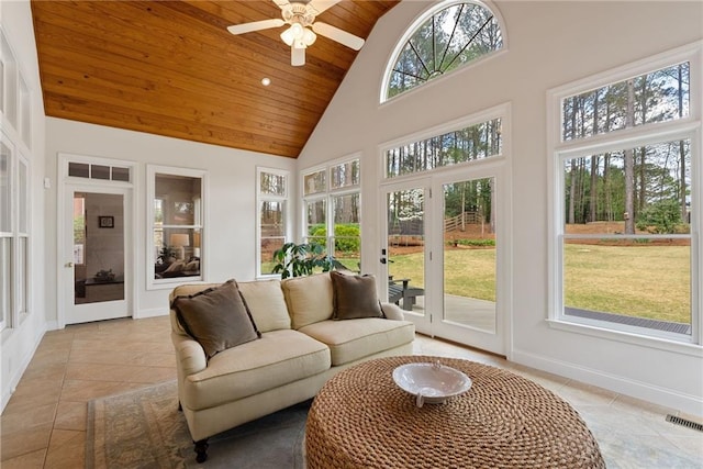 sunroom with high vaulted ceiling, visible vents, wood ceiling, and tile patterned flooring