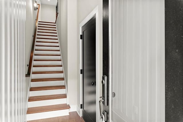 stairway with hardwood / wood-style floors