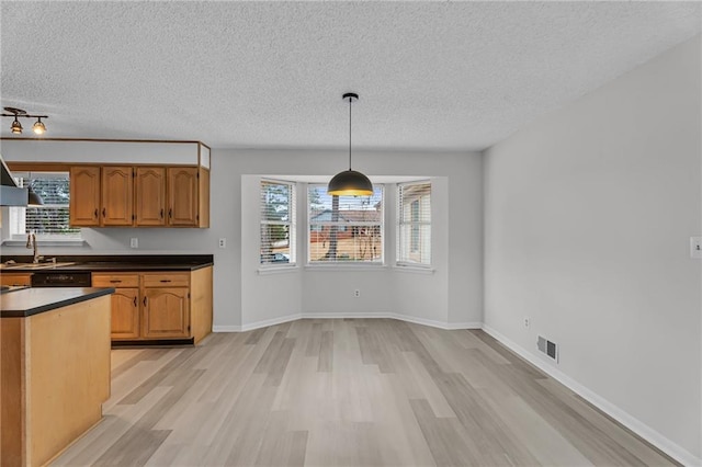 kitchen with a textured ceiling, sink, decorative light fixtures, dishwasher, and light hardwood / wood-style floors