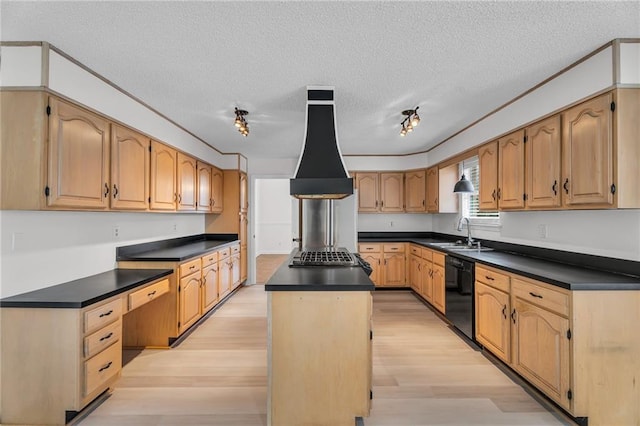 kitchen featuring sink, a center island, black dishwasher, light hardwood / wood-style flooring, and a textured ceiling