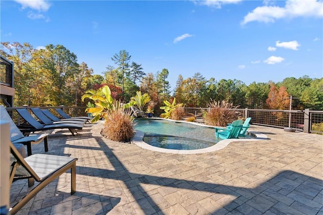 view of swimming pool featuring a fenced in pool and a patio