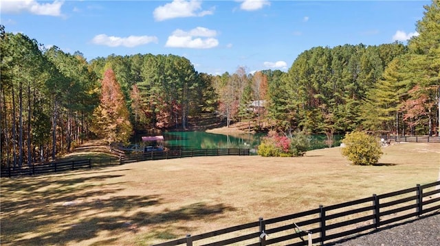 view of property's community with a water view, fence, and a wooded view