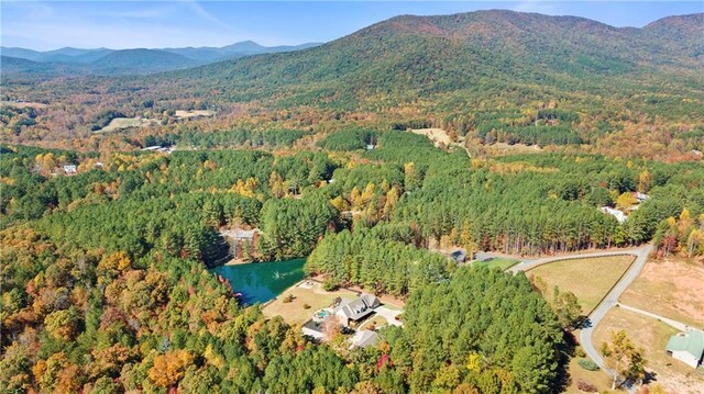 birds eye view of property featuring a forest view and a mountain view