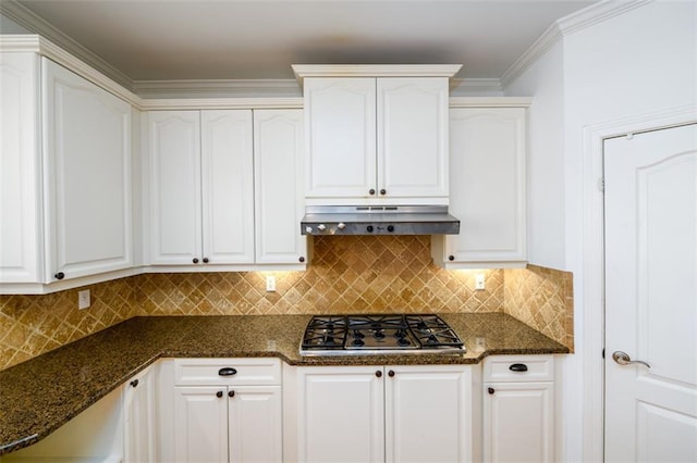 1105 River Laurel Dr, Suwanee, GA 30024 - kitchen with stainless steel gas stovetop, white cabinets, and dark stone countertops