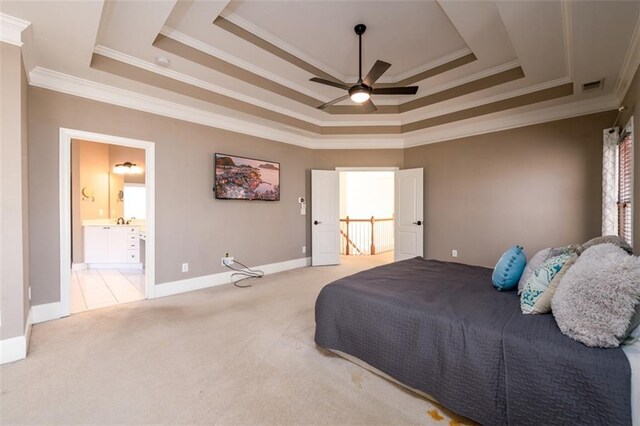 1105 River Laurel Dr, Suwanee, GA 30024 - bedroom with carpet floors, a raised ceiling, ornamental molding, baseboards, and connected bathroom