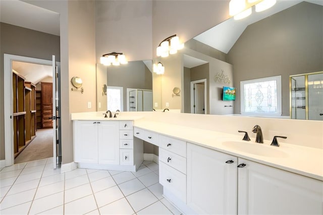 1105 River Laurel Dr, Suwanee, GA 30024 - full bathroom with a shower stall, tile patterned flooring, high vaulted ceiling, vanity, and baseboards
