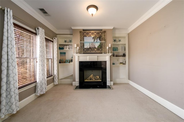 1105 River Laurel Dr, Suwanee, GA 30024 - living area featuring a tiled fireplace, ornamental molding, carpet flooring, and plenty of natural light