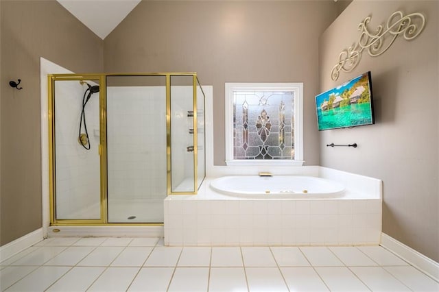 1105 River Laurel Dr, Suwanee, GA 30024 - full bath with a stall shower, a bath, tile patterned flooring, and lofted ceiling