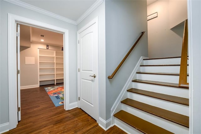 1105 River Laurel Dr, Suwanee, GA 30024 - stairway featuring wood finished floors, ornamental molding, and baseboards