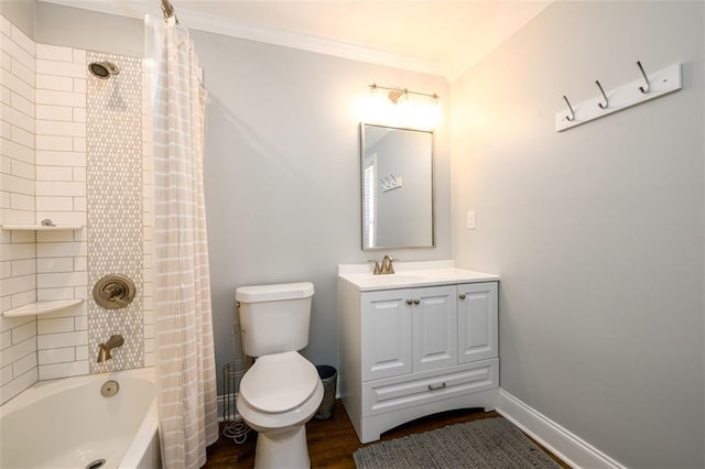 1105 River Laurel Dr, Suwanee, GA 30024 - full bathroom with toilet, wood finished floors, ornamental molding, vanity, and shower / tub combo with curtain