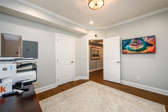 1105 River Laurel Dr, Suwanee, GA 30024 - office space featuring electric panel, wood finished floors, ornamental molding, and baseboards