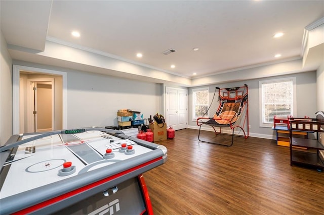 1105 River Laurel Dr, Suwanee, GA 30024 - game room featuring ornamental molding, wood finished floors, recessed lighting, baseboards, and a tray ceiling