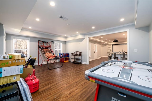 1105 River Laurel Dr, Suwanee, GA 30024 - game room with ornamental molding, a tray ceiling, wood finished floors, baseboards, and recessed lighting