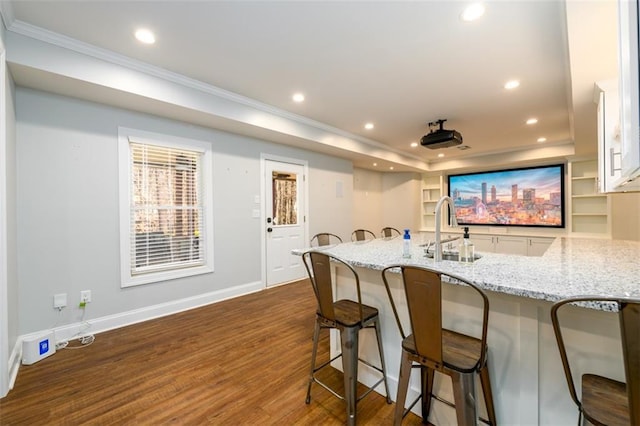 1105 River Laurel Dr, Suwanee, GA 30024 - cinema featuring a sink, crown molding, dark wood-style floors, baseboards, and recessed lighting
