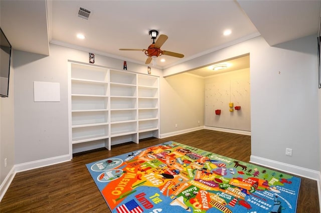 1105 River Laurel Dr, Suwanee, GA 30024 - recreation room with a ceiling fan, wood finished floors, ornamental molding, baseboards, and recessed lighting