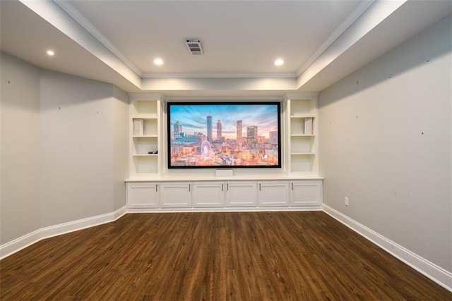 1105 River Laurel Dr, Suwanee, GA 30024 - cinema featuring dark wood finished floors, baseboards, ornamental molding, recessed lighting, and a tray ceiling