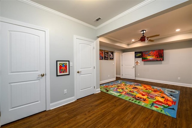 1105 River Laurel Dr, Suwanee, GA 30024 - recreation room featuring ornamental molding, wood finished floors, baseboards, ceiling fan, and recessed lighting