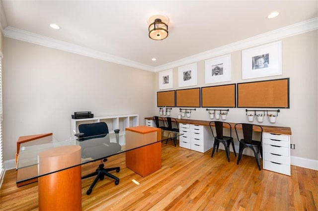 1105 River Laurel Dr, Suwanee, GA 30024 - office area featuring crown molding, baseboards, wood finished floors, and recessed lighting